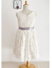 Ivory Lace Champagne Lining Knee Length Flower Girl Dress